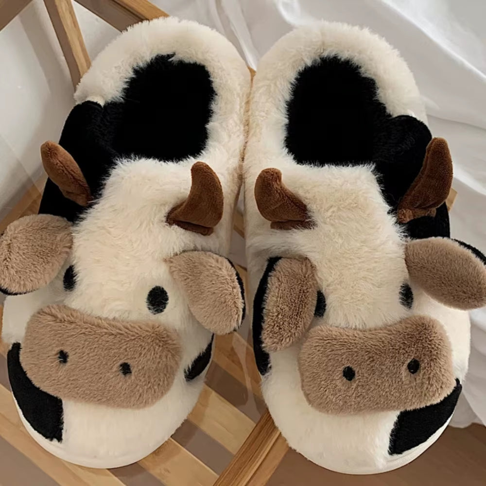 New Winter Unisex Cartoon Cow Warm Plush Slippers Couple'S Indoor Non-Slip House Slides Men and Women Toe Wrap Home Cotton Shoes