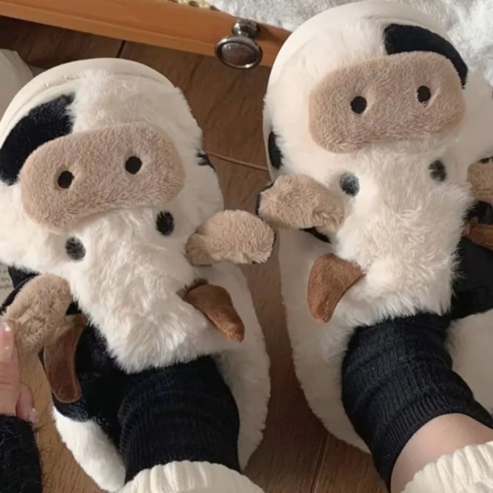New Winter Unisex Cartoon Cow Warm Plush Slippers Couple'S Indoor Non-Slip House Slides Men and Women Toe Wrap Home Cotton Shoes