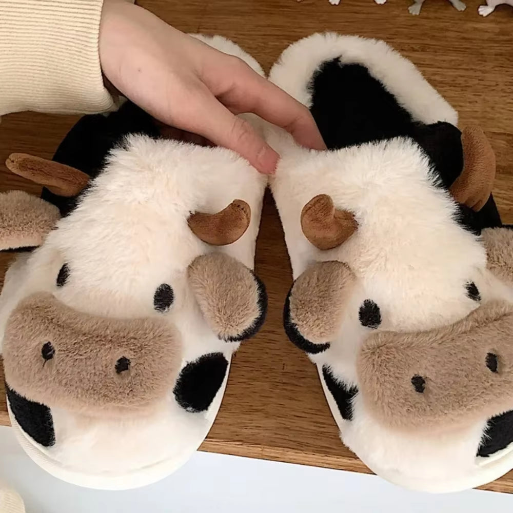 New Winter Unisex Cartoon Cow Warm Plush Slippers Couple'S Indoor Non-Slip House Slides Men and Women Toe Wrap Home Cotton Shoes