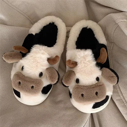 New Winter Unisex Cartoon Cow Warm Plush Slippers Couple'S Indoor Non-Slip House Slides Men and Women Toe Wrap Home Cotton Shoes