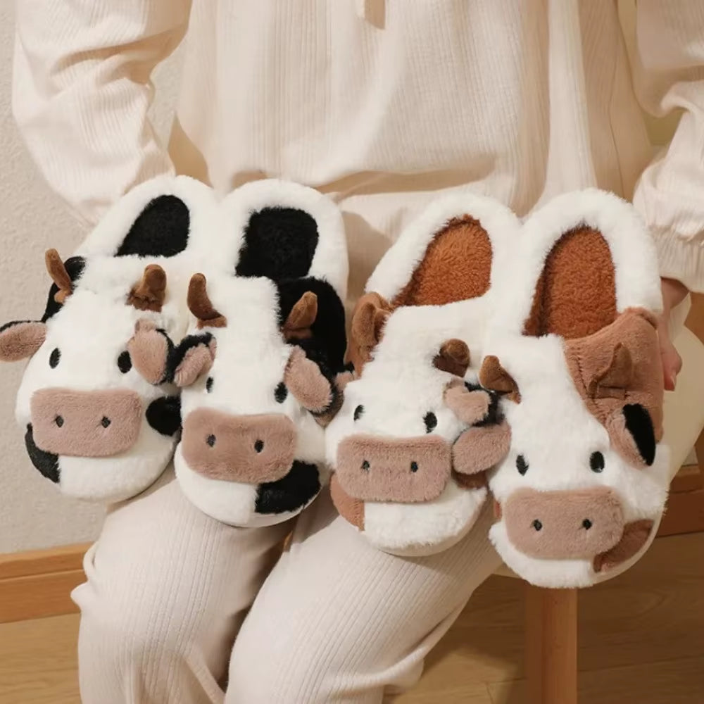 New Winter Unisex Cartoon Cow Warm Plush Slippers Couple'S Indoor Non-Slip House Slides Men and Women Toe Wrap Home Cotton Shoes